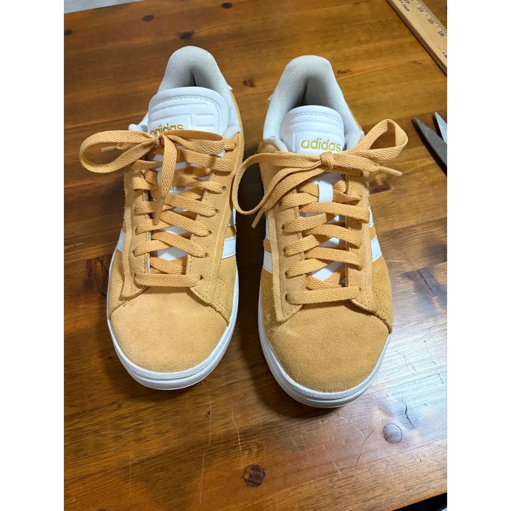 Adidas Grand Court Mustard Yellow Suede Sneakers White Stripes Womens RARE 6.5